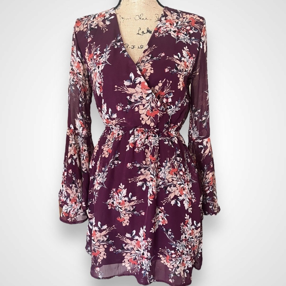 MIAMI‎ Burgundy Floral Long Sleeve Faux Wrap Mini Dress